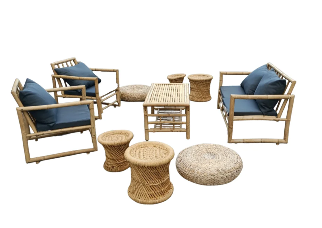 ensemble mobilier lounge 12 places assises, 1 canapé, 2 fauteuils, 2 pouf bambou, 4 assises bananier