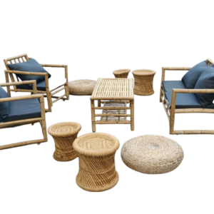 ensemble mobilier lounge 12 places assises, 1 canapé, 2 fauteuils, 2 pouf bambou, 4 assises bananier