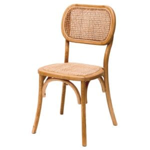 Chaise LUCIA en bois d’orme avec assise en rotin cannage, idéale pour une décoration bohème, champêtre ou vintage.